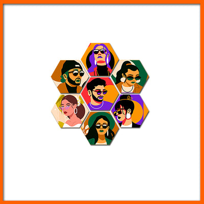 Beautiful Human Illustrative Face Hexagonal Canvas Wall Painting - 7pcs