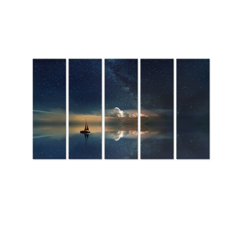 Galaxy Reflection In River Canvas Wall Painting - With 5 Panel