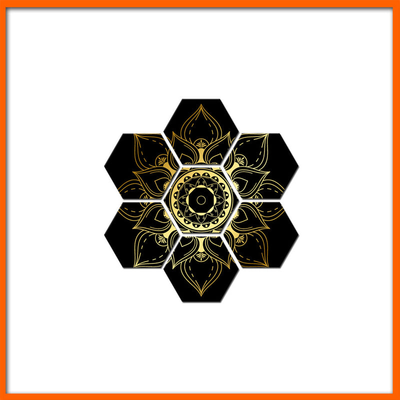 Golden Flower On Black Background Hexagonal Canvas Wall Painting - 7pcs