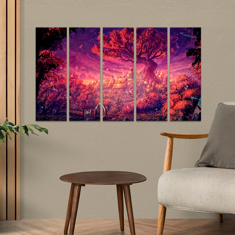 Midnight Tree With Light Scenery Canvas Wall Painting - With 5 Panel