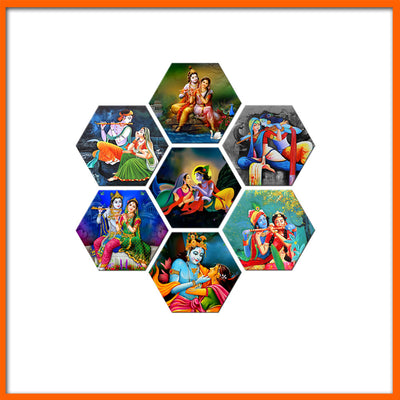 Multiple Radha Krishna Image Hexagonal Canvas Wall Painting - 7pcs