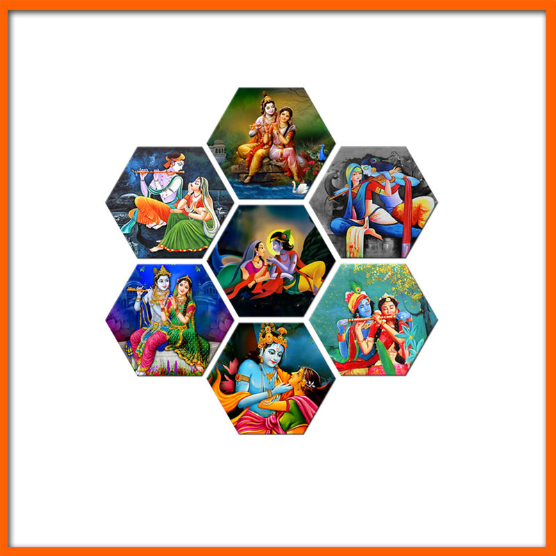Multiple Radha Krishna Image Hexagonal Canvas Wall Painting - 7pcs