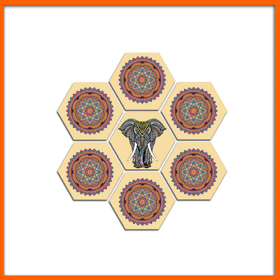 Mandala Pattern Elephant & Flower Hexagonal Canvas Wall Painting - 7pcs