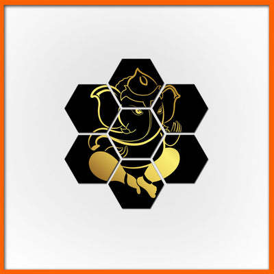 Golden Ganesha Hexagonal Canvas Wall Painting