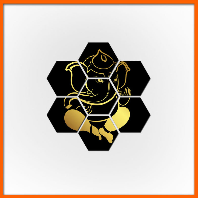 Golden Ganesha Hexagonal Canvas Wall Painting