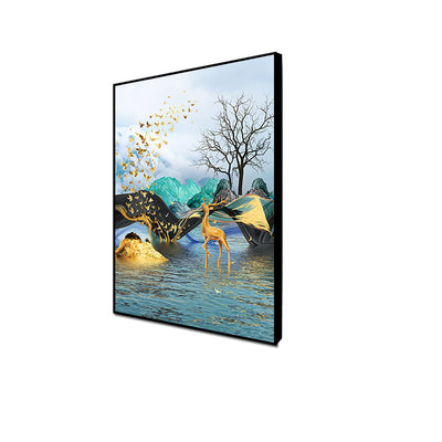 Golden Deer In Water View Floating Frame Canvas Wall Painting