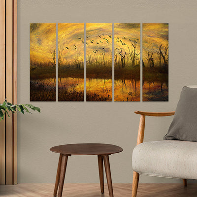 Abstract Village View Painting Canvas Wall Painting - With 5 Panel