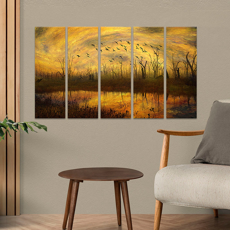 Abstract Village View Painting Canvas Wall Painting - With 5 Panel