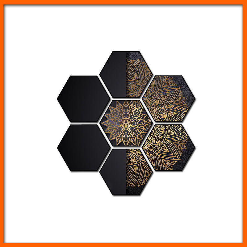 Beautiful Golden Half Flower Hexagonal Canvas Wall Paining - 7pcs