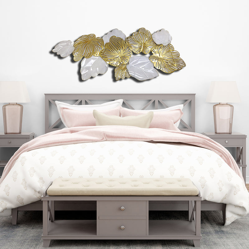 Golden And White Leaf Design Large Metal Wall Art