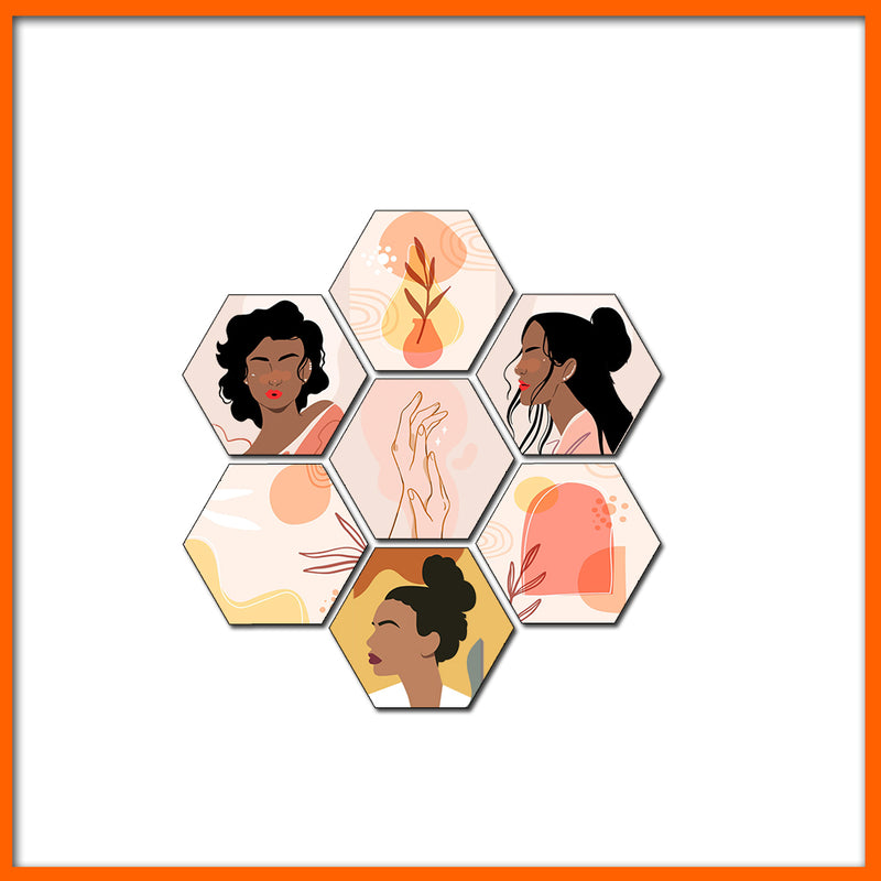 Multi Type Illustration Hexagonal Canvas Wall Painting - 7pcs