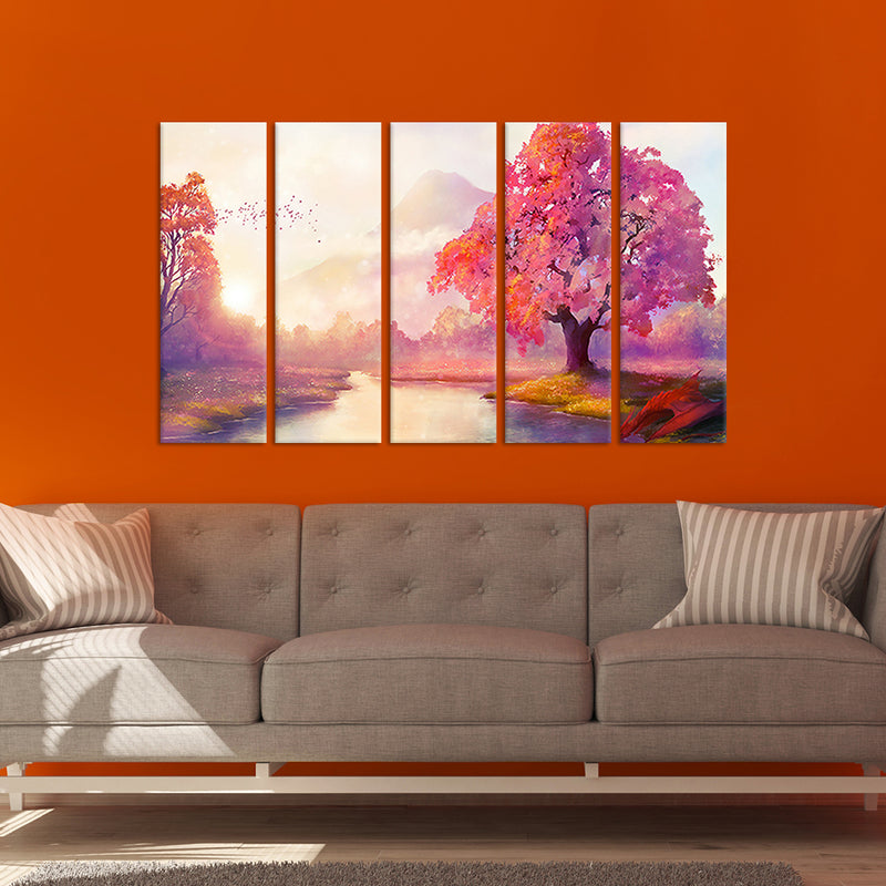 Autumn Tree Modern Art Painting Canvas Wall Painting - With 5 Panel
