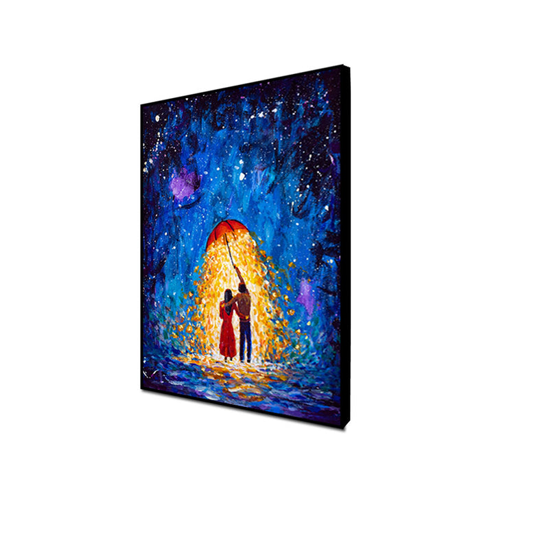 Couple Under Glowing Umbrella Illustration Floating Frame Canvas Wall Painting
