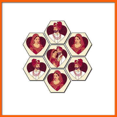 Bride & Groom Hexagonal Canvas Wall Painting - 7pcs
