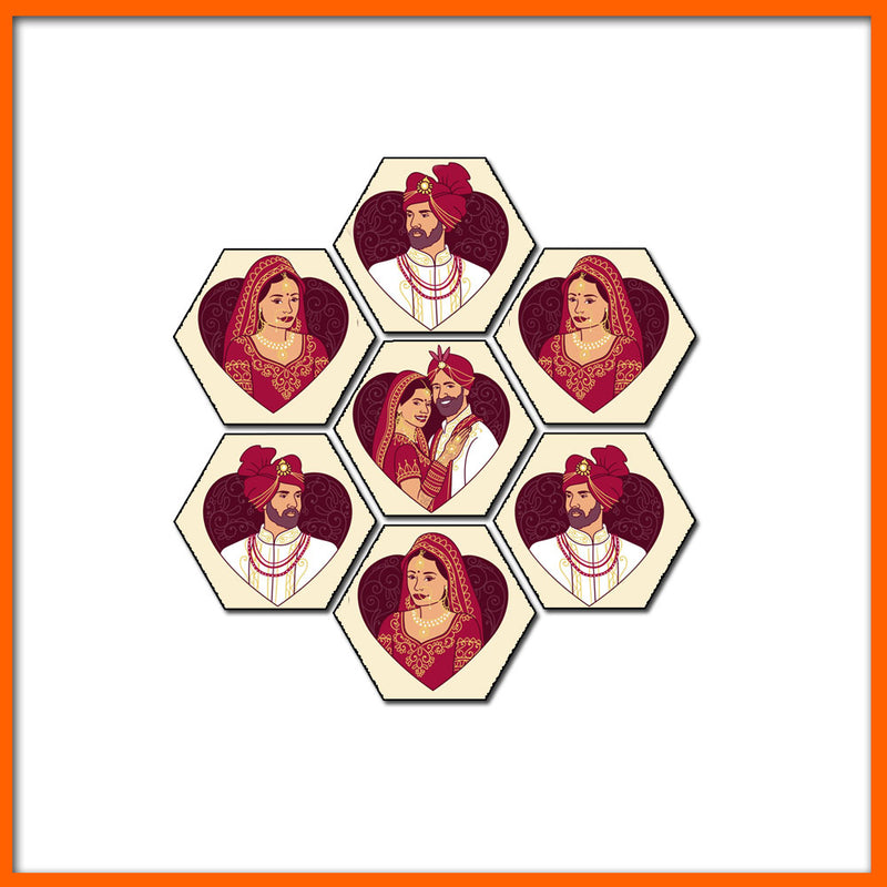 Bride & Groom Hexagonal Canvas Wall Painting - 7pcs