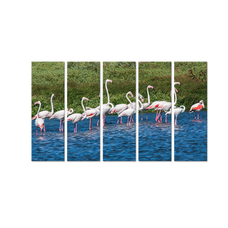 A Group of Flamingos In Water Canvas Wall Painting - With 5 Panel