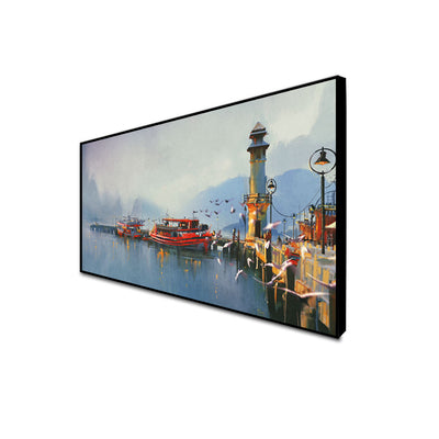Fishing Boats In Harbor Canvas Floating Frame Wall Painting
