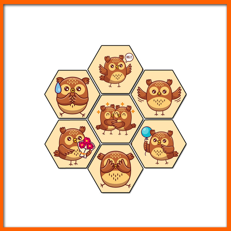 Cute Owl Hexagonal Canvas Wall Painting - 7pcs