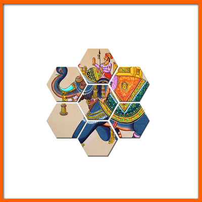 Madhubani Elephants Hexagonal Canvas Wall Painting