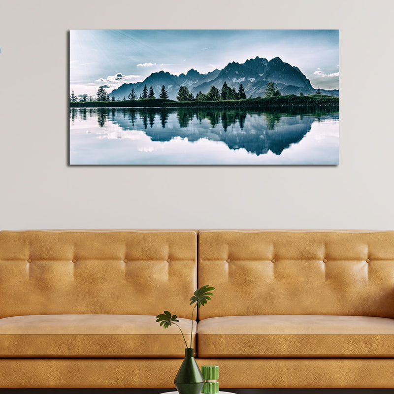 Beautiful Mountain & Tree Reflecting In Lake Canvas Wall Painting