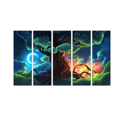 Illustration Tree Canvas Wall Painting - With 5 Panel