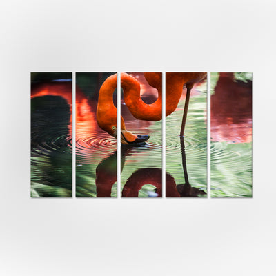 A Pink Flamingo Drinking Water Canvas Wall Painting - With 5 Panel