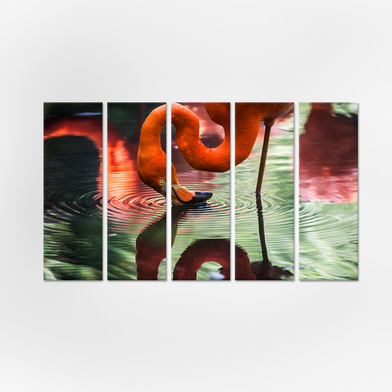 A Pink Flamingo Drinking Water Canvas Wall Painting - With 5 Panel