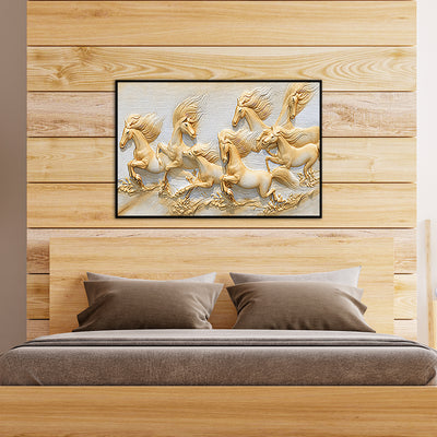 Seven Golden Horses Running Floating Frame Canvas Wall Painting