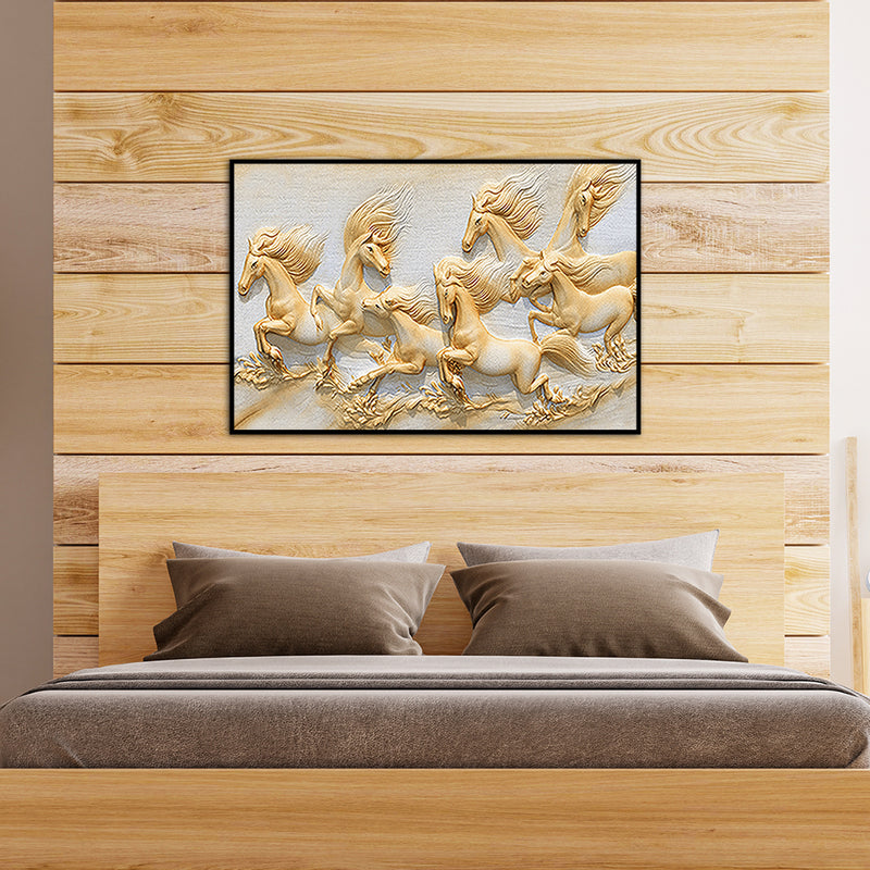 Seven Golden Horses Running Floating Frame Canvas Wall Painting