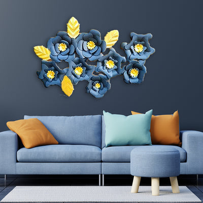 Blue and Yellow Abstract Flower Large Metal Wall Art