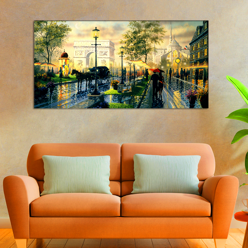 City Road View With Couple Canvas Wall Painting