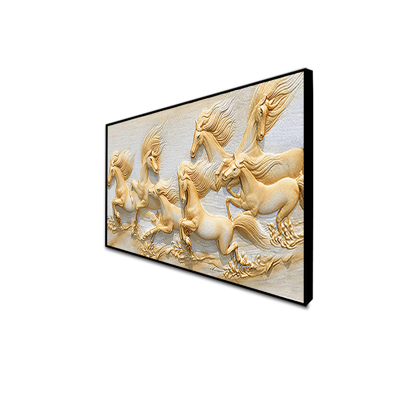 Seven Golden Horses Running Floating Frame Canvas Wall Painting