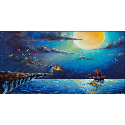 Boat & Girl Artistic Night Scenery Canvas Wall Painting