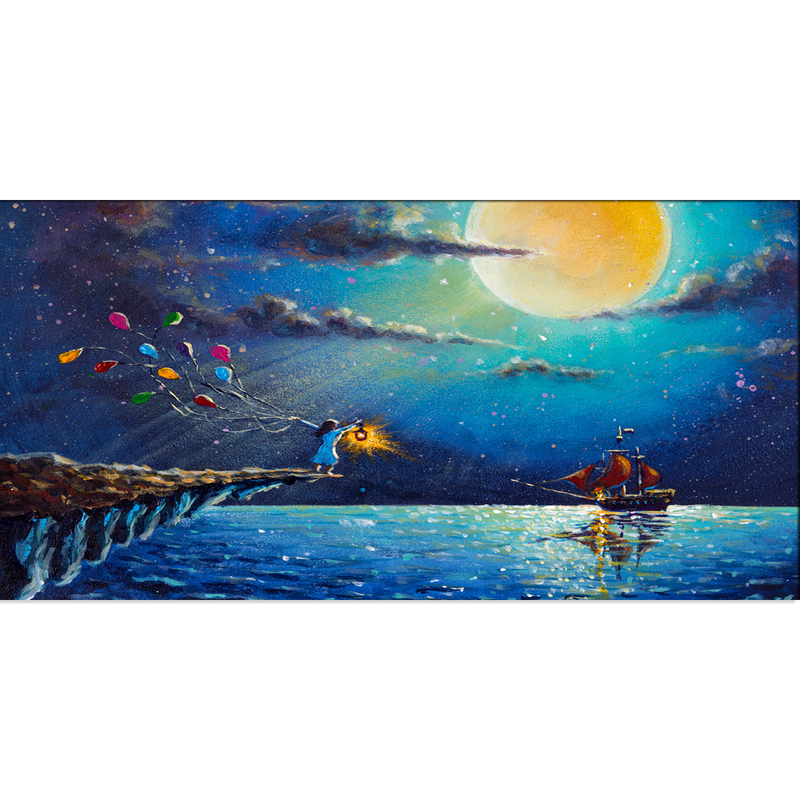 Boat & Girl Artistic Night Scenery Canvas Wall Painting