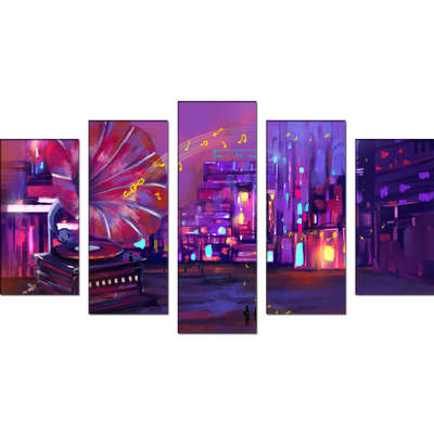 Large Gramophone On Street Abstract Canvas Wall Painting- With 5 Frames