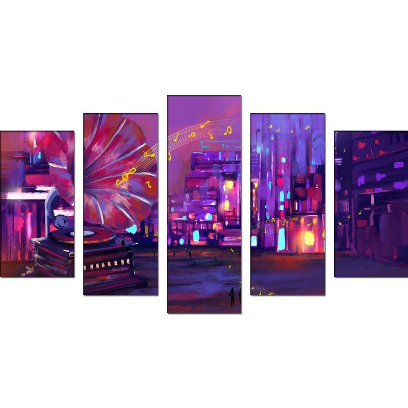 Large Gramophone On Street Abstract Canvas Wall Painting- With 5 Frames