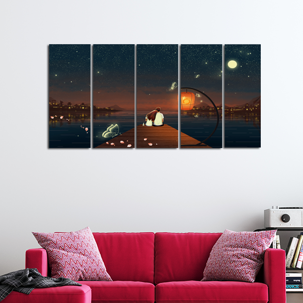 Couple Love Scenery Canvas Wall Painting - With 5 Panel