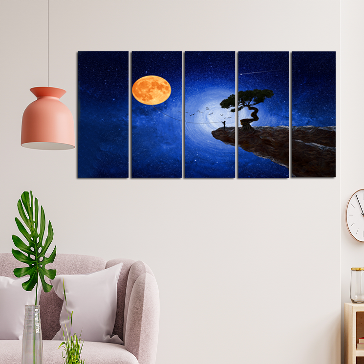 Child Catches The Moon Canvas Wall Painting - With 5 Panel