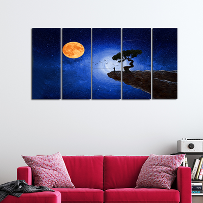 Child Catches The Moon Canvas Wall Painting - With 5 Panel