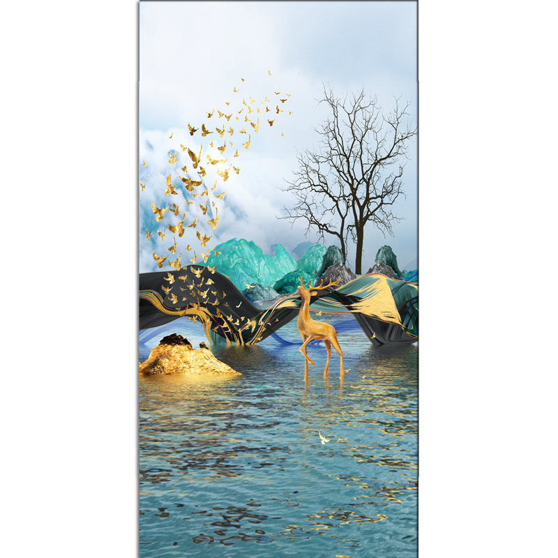 Golden Deer In Water View Canvas Wall Painting