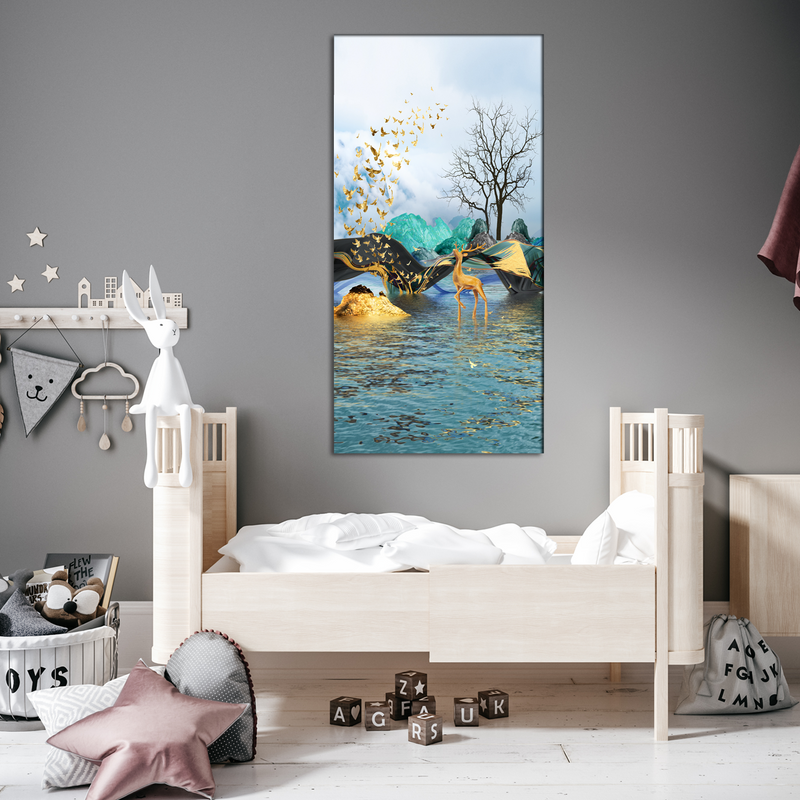 Golden Deer In Water View Canvas Wall Painting