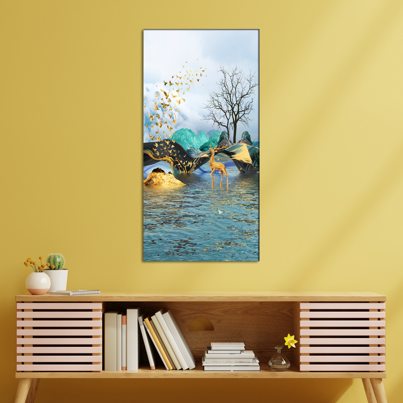 Golden Deer In Water View Canvas Wall Painting