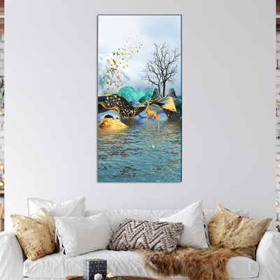 Golden Deer In Water View Canvas Wall Painting