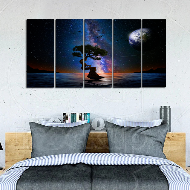 Glittery Night Over The Lake With Tree Canvas Wall Painting - With 5 Panel