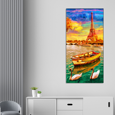 Eiffel Tower View With River & Boat Canvas Wall Painting