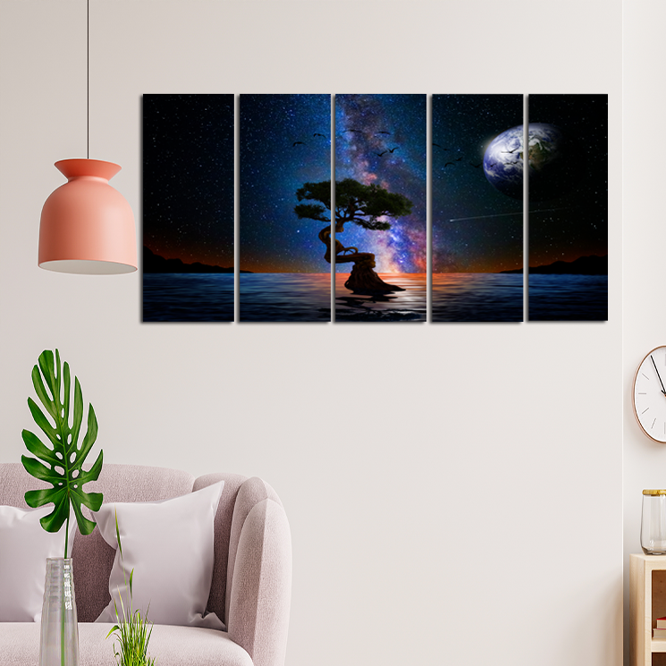 Glittery Night Over The Lake With Tree Canvas Wall Painting - With 5 Panel