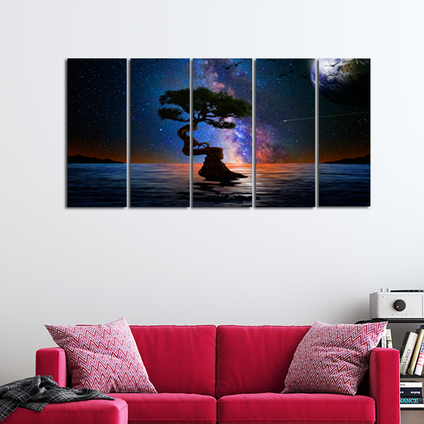 Glittery Night Over The Lake With Tree Canvas Wall Painting - With 5 Panel