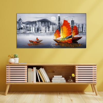 Colorful Boat In Grey Background Canvas Wall Painting