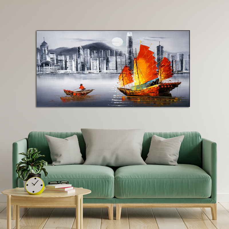 Colorful Boat In Grey Background Canvas Wall Painting