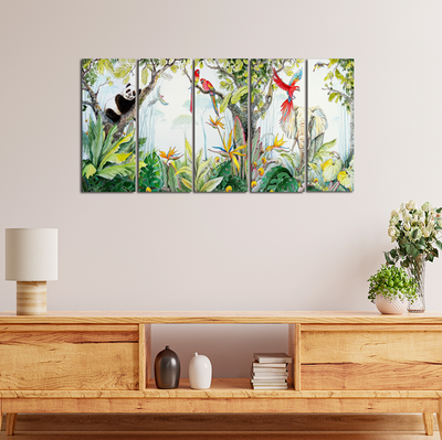 Animals & Bird In Forest Canvas Wall Painting - With 5 Panel
